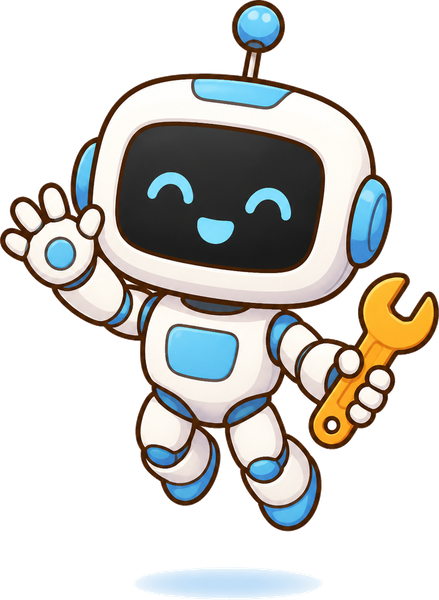 AI 學徒小機器人奇奇拿著扳手熱情打招呼