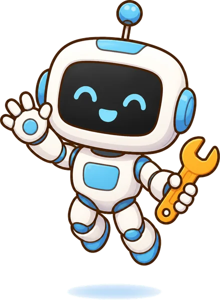 AI 學徒小機器人奇奇拿著扳手熱情打招呼