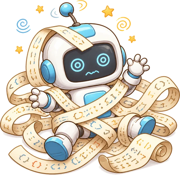 AI 學徒奇奇被程式碼卷軸纏住,一臉抱歉